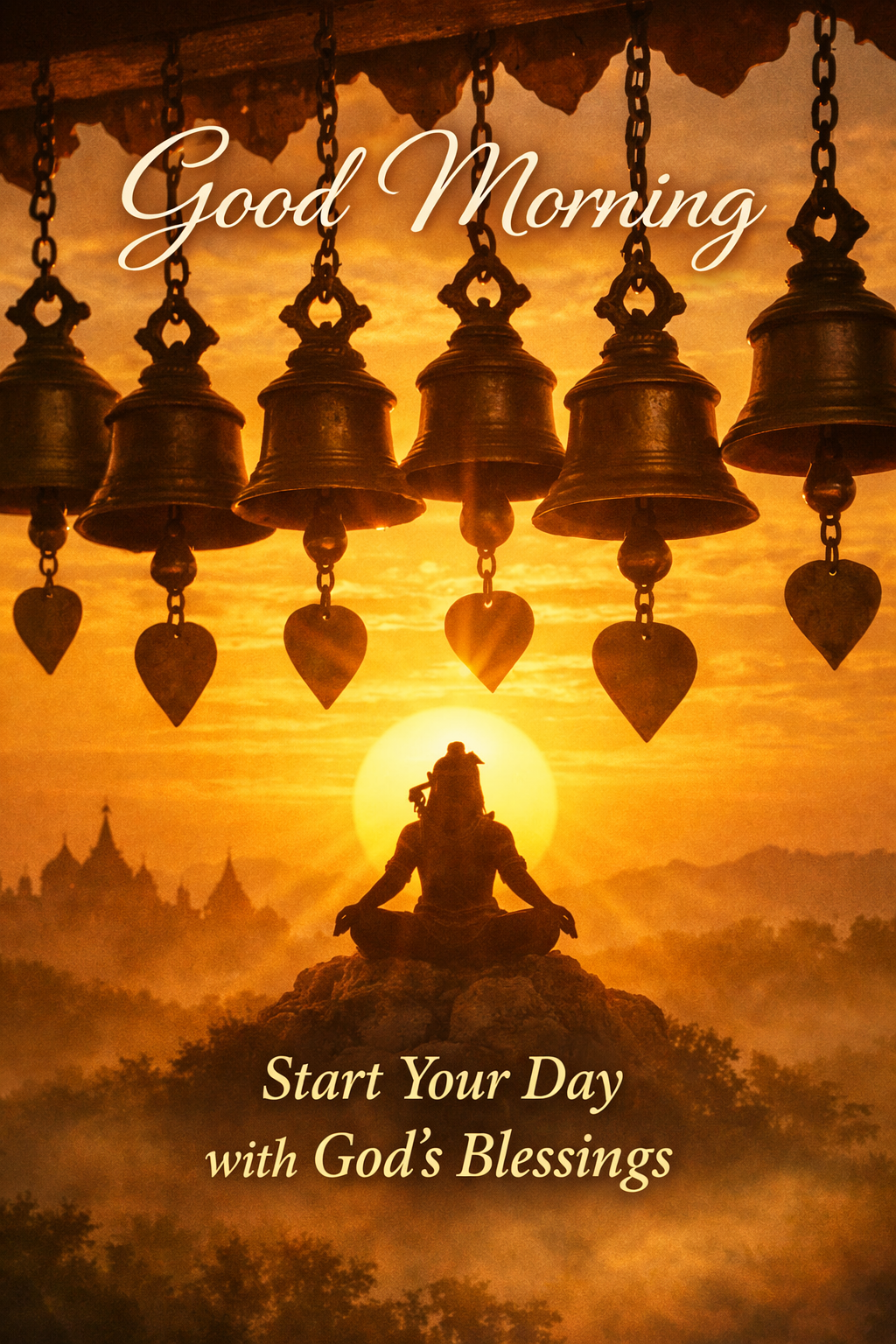 Good morning image brass temple bells sunrise meditation silhouette Start Your Day with God's Blessings